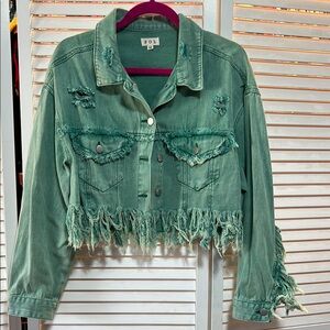 POL Green Distressed Denim Jacket